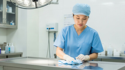 Asian veterinarian preparing operating table in sterile environment, animal healthcare and surgical sanitation