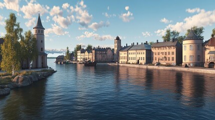 Naklejka premium Giant peeled banana floats above a surreal road lined with pink and white cubes under a vibrant rainbow against a blue cloudy sky
