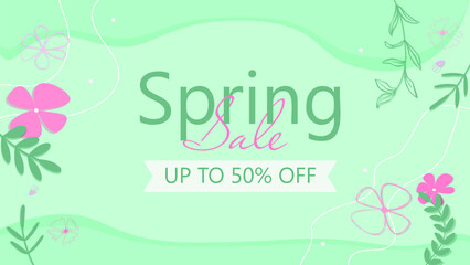 Spring banner. Lettering spring sale with leaf and flowers. Template for greeting card, invitation, logotype, typography icon. Modern banner background with spring leaves and flowers in spring colors