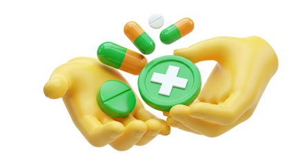Hands holding medical pills and cross symbol