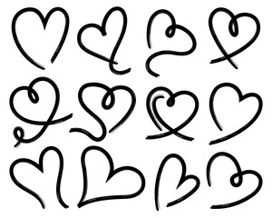 Continuous Line Black Heart Doodle Set Minimal Love Sketch Vector
