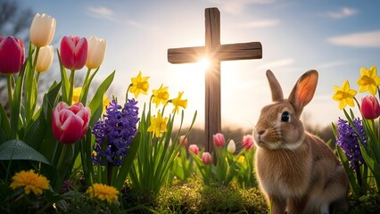 Easter bunny in a vibrant flower garden with a cross