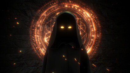 Cloaked Figure with Glowing Eyes & Magical Symbols