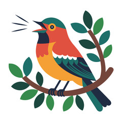 A vibrant bird with colorful plumage perched on a branch singing melodiously
