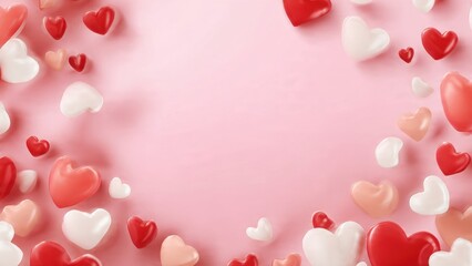 3D Rendered Glossy Hearts Frame on Pink Background for Valentines Day or Wedding Invitation Card Design. Romantic Abstract Pattern with Copy Space.