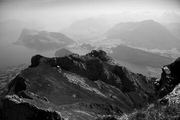mountains in the fog