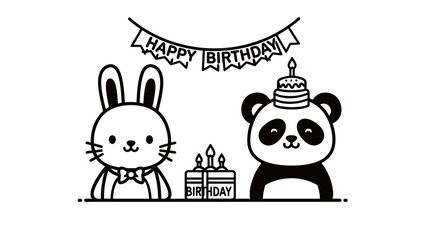 Fototapeta premium Black and white cartoon rabbit and panda celebrating birthday together with cakes and banner.