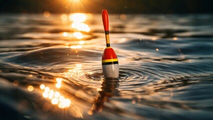 Fishing bobber floating on rippling water at sunset, close-up with glowing reflections and shallow depth.