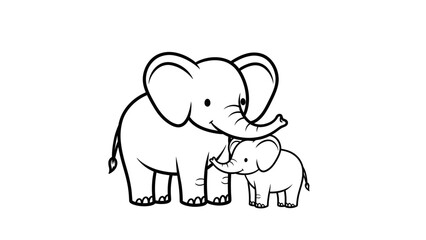 Naklejka premium Simple black and white illustration of an adult elephant and a baby elephant.