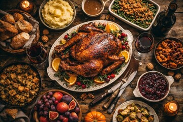 Festive holiday dinner table with roasted turkey, sides and wine on rustic wood, cozy celebration and seasonal feast.