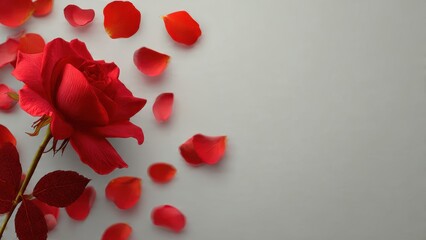 Elegant red rose flower and scattered petals border on neutral gray background. Flat lay concept for Valentines Day, love, or wedding design with copy space.