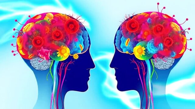 A video showcasing a creative illustration of two human heads with colorful brains, where the colors inside the brains are dynamically moving, and the background colors are also in motion.