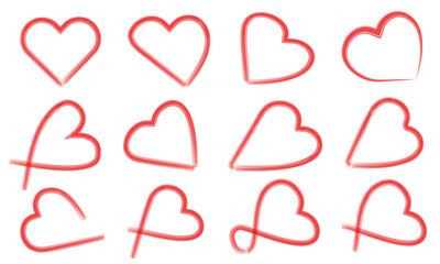 Simple Handdrawn Heart Outline Set Soft Red Love Icon Collection Vector