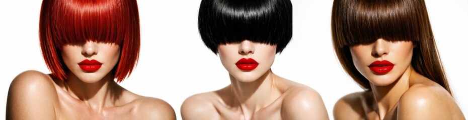 Beauty collage of three women with blunt bob haircuts and bold red lipstick on white background, modern fashion style.
