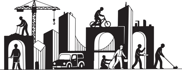 City Life and Construction in Black and White Silhouette