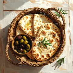 Flatbread With Olives And Rosemary Sprigs In A Wicker Basket On A Rustic Wooden Table With Natural Sunlight
