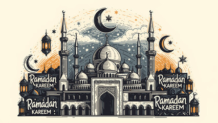 Intricate Mosque Illustration Celebrating Ramadan with Crescent Moons and Stars © colorshapppy