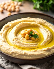 Creamy Hummus Dish Topped with Chickpeas Olive Oil and Parsley in a Dark Bowl Overhead Shot