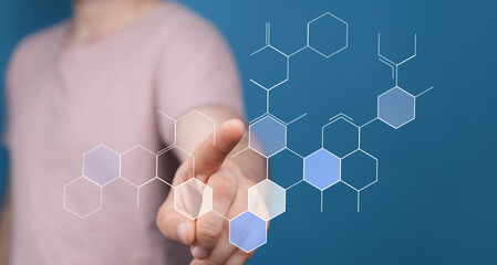 Person interacting with digital representation of molecule structure, science and technology illustration concept, perfect for innova