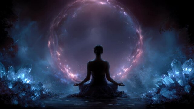 Woman Meditating Before Cosmic Portal in Crystal Filled Realm