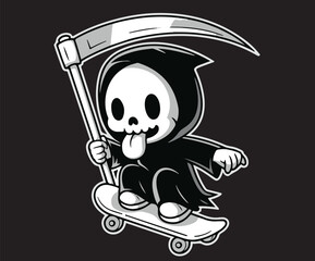 Art of the grim reaper skating with his tongue hanging out.