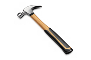 Claw hammer with wooden and rubber handle, a construction and repair tool, on transparent background