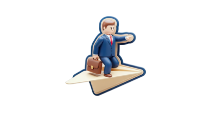 Businessman riding paper airplane, pointing forward