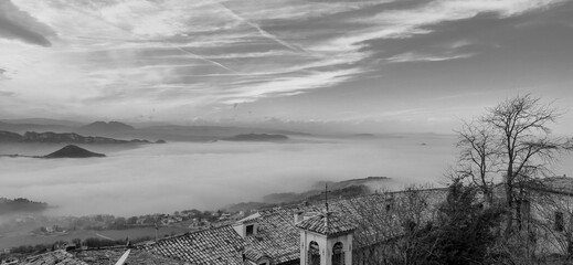 Mystical panorama from the Republic of San Marino with fog and clouds
