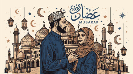 Fototapeta premium Couple Celebrating Eid al-Fitr in Traditional Islamic Attire