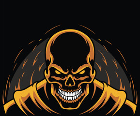 Drawing of a skull surrounded by blazing flames.