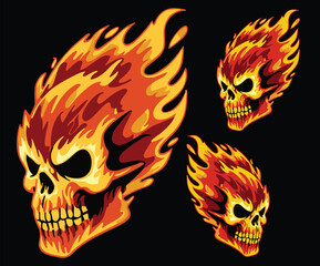 A skull artwork blazing with fire in an illustrative style.