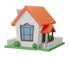 3D House Design with Orange Roof and Decorative Green Bushes