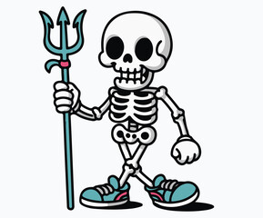 Illustration showing a skeleton in sports shoes with a trident in hand.