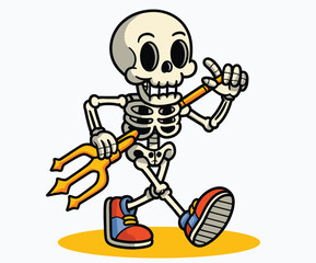 A skeleton dressed in sporty sneakers, gripping a trident.