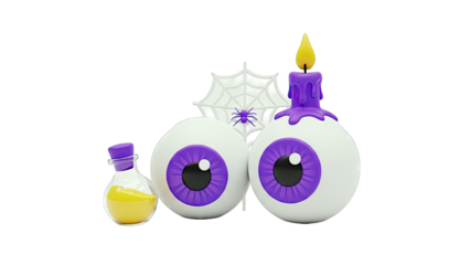 Halloween Themed 3D Illustration: Eyeballs, Potion, Candle, Spiderweb