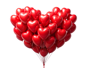 Illustration of many red shiny balloons in shape of a heart flying on transparent