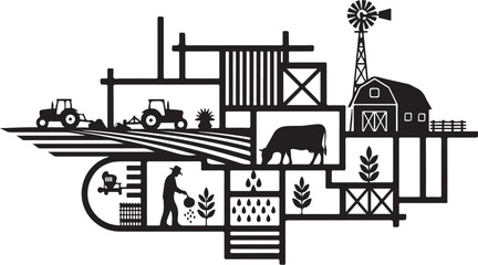 Obraz premium Farm Landscape with Tractor and Barn Illustration