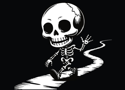 A joyful skeleton walking with a smile on its face.