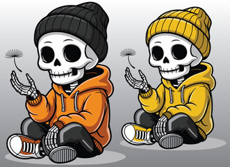 A skeleton sitting with a happy face.