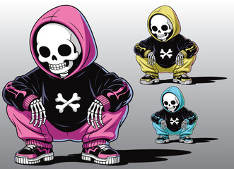 An adorable skeleton wearing a hoodie in a crouching pose.