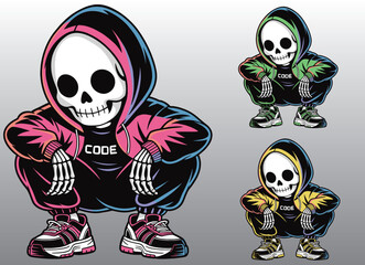 A skeleton in sneakers and a hoodie poses in a crouched position.