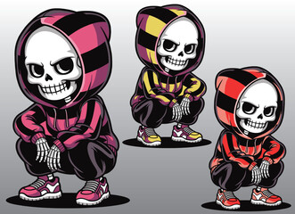 A cute skeleton wearing a hoodie in a crouching position with a grin on her face.