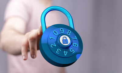 A close-up of a hand interacting with a digital padlock, symbolizing internet security, data protection, and on