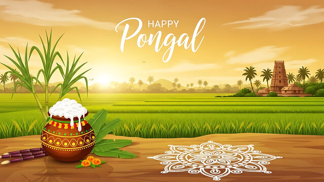 Happy Pongal Sunrise Village Landscape with Traditional Pot and Paddy Fields
