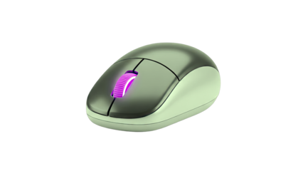 Silver computer mouse with illuminated purple scroll wheel