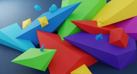 Abstract geometric arrangement with vibrant colored polygon shapes and depth
