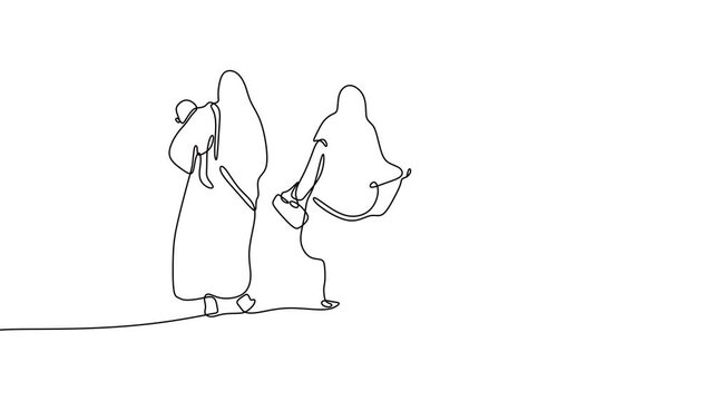 Group of immigrant muslim people walking together in one continuous line drawing.