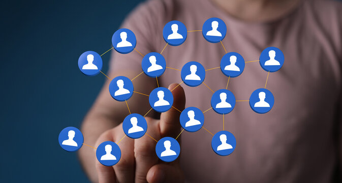 Hand interacting with digital network connections, representing social media, networking, and online communicat - Powered by Adobe