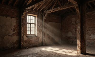 Rustic Workshop Loft - Empty workshop with exposed beams, wooden floors, small window casting light rays on dust, captured from