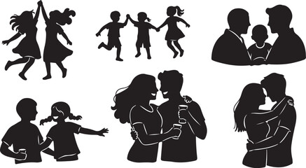 Silhouettes of happy couples and families in love together